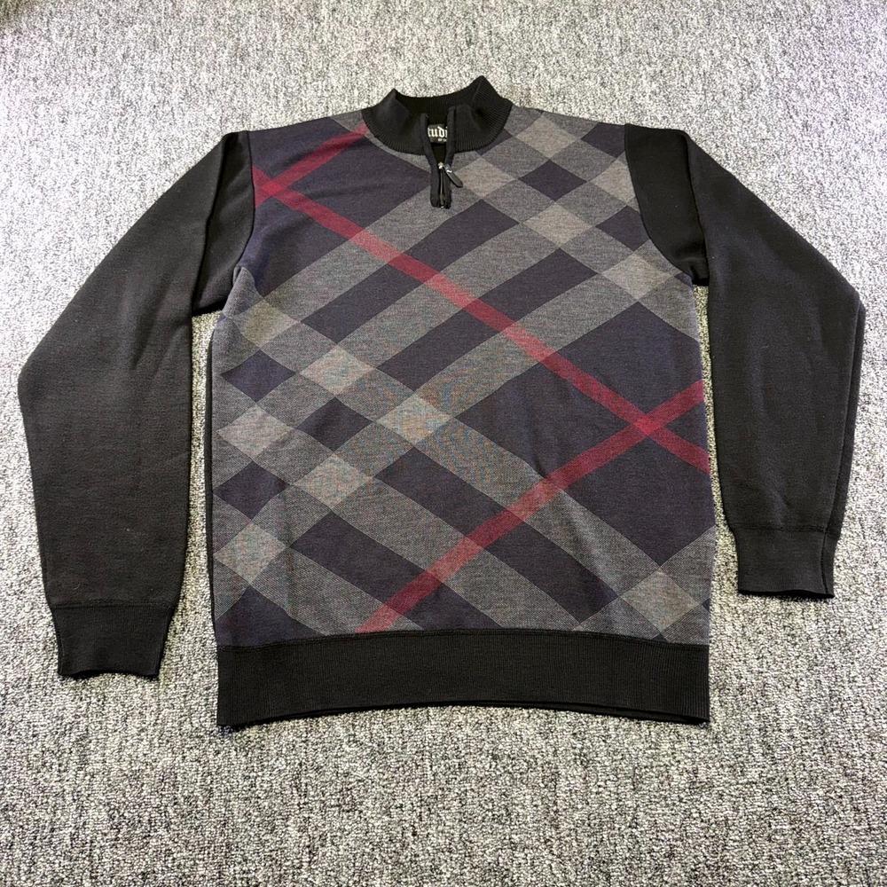 Studio By Omega Sweater Mens Large Black Gray Quarter Zip Mock Neck Ribbed Trim